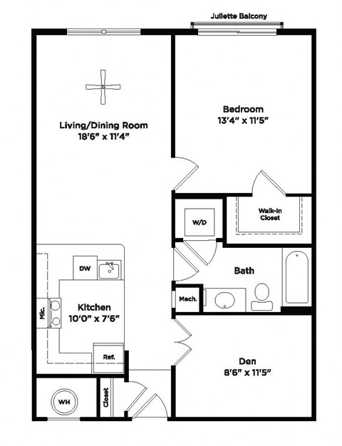 Floor plan for 1 bed, 1 bath, 771 sqft